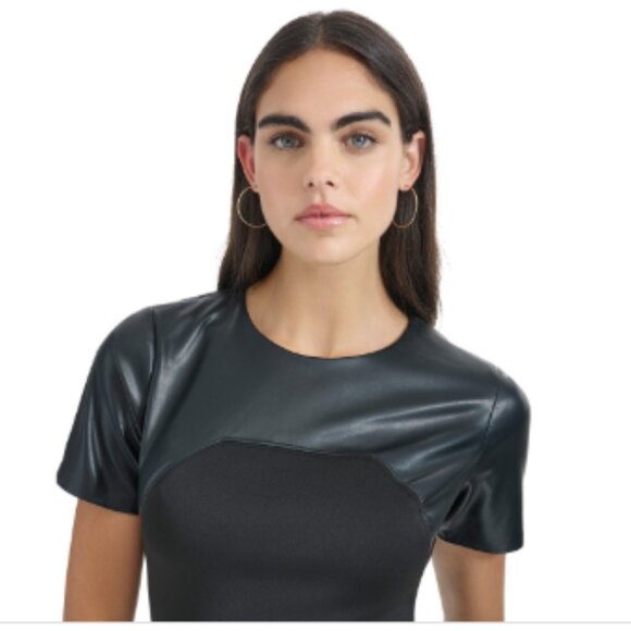 Calvin Klein Women's Faux-Leather-Trim Sheath Dress - Black - Picture 3 of 4